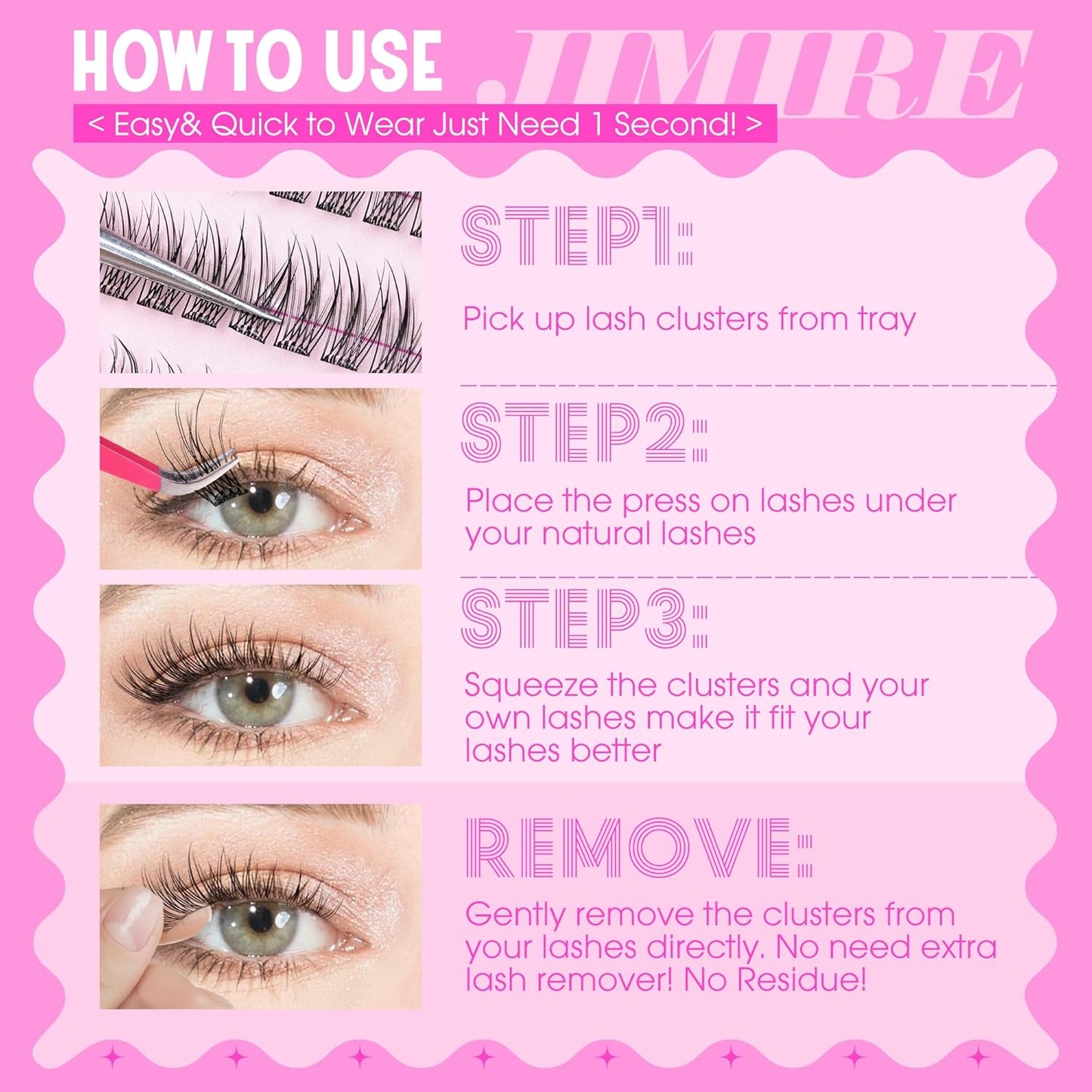 JIMIRE Self Adhesive Eyelashes Natural Look 9-14MM Wispy Pre Glued Lash Clusters No Glue Needed Press on Lashes Clusters Reusable Self Adhesive Eyelash Clusters Easy to Apply
