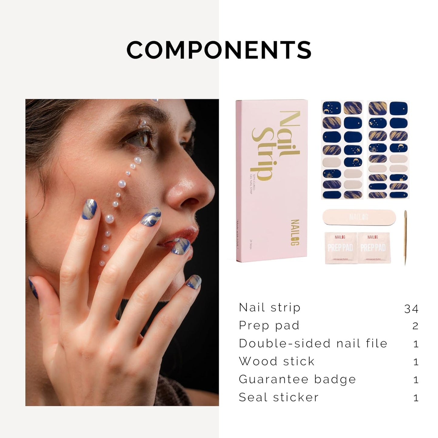 NAILOG Semi Cured Gel Nail Strips 34 pcs| Buy 2 Get 1 UV Lamp | Long Lasting Nail Polish Sticker Wraps with Glossy Gel Finish, Shooting Stars