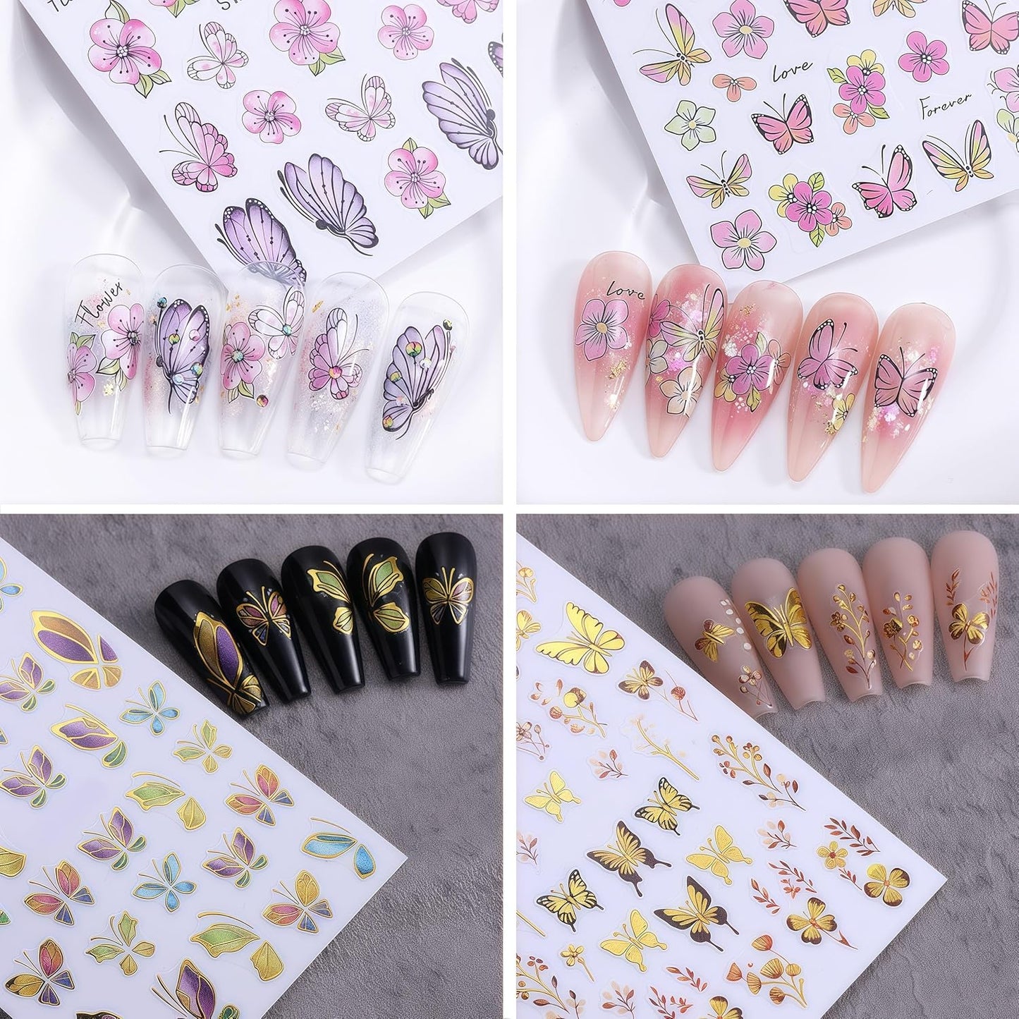 8 Sheets Gold Edge Butterfly Nail Stickers 3D Self Adhesive Holographic Colorful Butterfly Cherry Blossoms Decals Spring Glitter Gold Flower Design Supplies for Women Girls Manicure Decoration