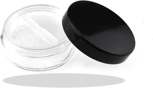 HAHIYO 4pcs 10ml/0.34oz Plastic Empty Travel Compact Case Makeup Cosmetic Jar Refillable Powder Box No Leak Holder with Rotatable Sifter and Black Screw Lid