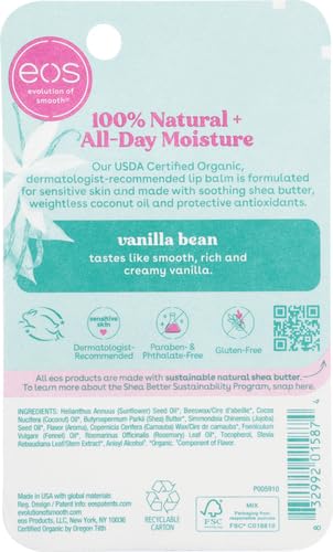 eos 100% Natural & Organic Lip Balm Stick- Vanilla Bean | Dermatologist Recommended for Sensitive Skin | All-Day Moisture Lip Care Products | 0.14 oz