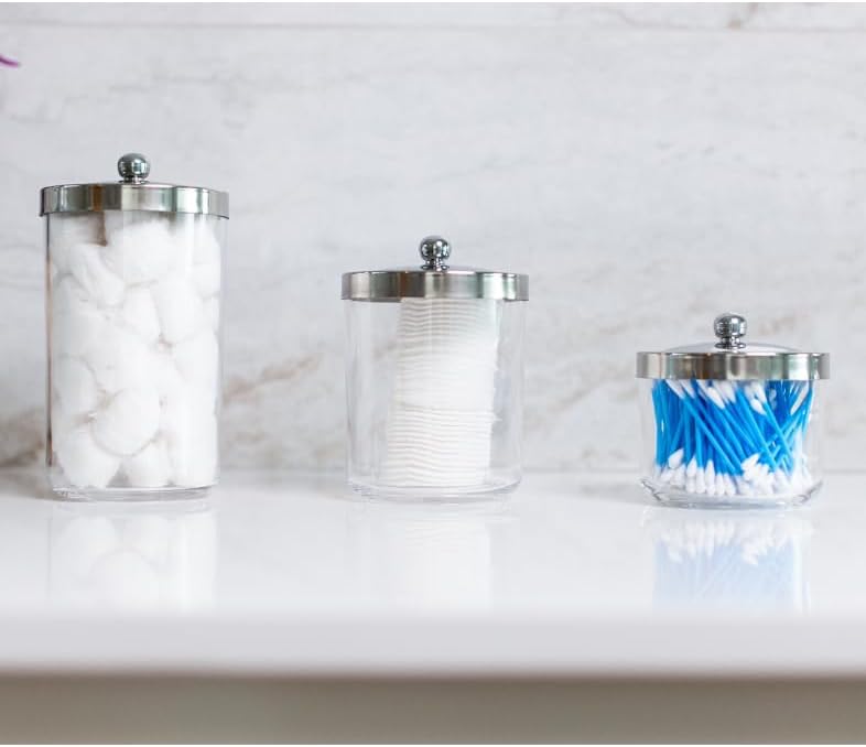Huang Acrylic Chrome Lid Clear Cosmetic Container | Store Q-Tips, Cottonballs, Cotton Rounds | Perfect Counter Top or Shelf Storage | Small