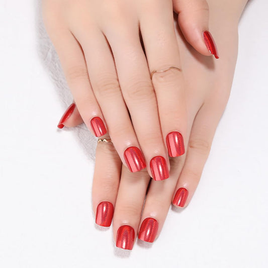 Red Press on Nails Short Square, Chrome Press on Nails, Fashion Gel Fake Nails, Reusable Acrylic Fake Nails, Glossy Stick on Nails, Thick Reusable Glue On Nails for Women, 24Pcs