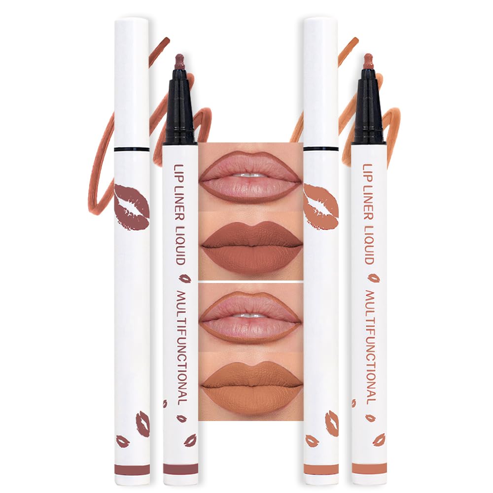 2Pcs Longwear Liquid Lip Liner Stain Marker Pen Set Long Lasting Waterproof, Mocha Nude Brown Matte Semi Permanent 24 Hour Lip Liner and Lipstick Combo, Color Stay Lipliner All Day Lips Stain peel off