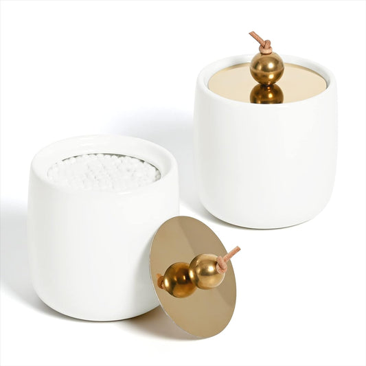 2 Pack Ceramic Qtip Holder Dispenser with Gold Lids, White Apothecary Jars Bathroom Vanity Organizer for Home Decor - Bathroom Canister for Cotton Swabs, Rounds, Balls, Makeup Sponges, Bath Salts