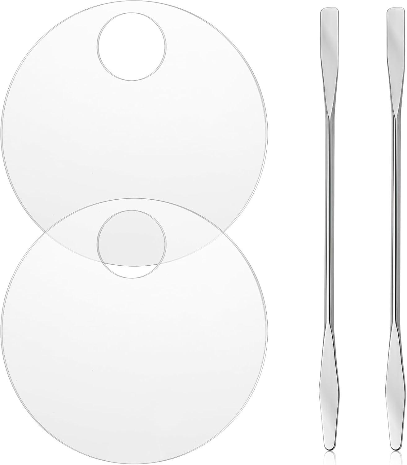 2PCS Makeup Mixing Palette with 2PCS Metal Spatula, Mixing Pigment Palette, Round White Clear Foundation Palette for Make up Eyeshadow Liquid Foundation Cosmetic Nail-Art Pigment Mixing Color