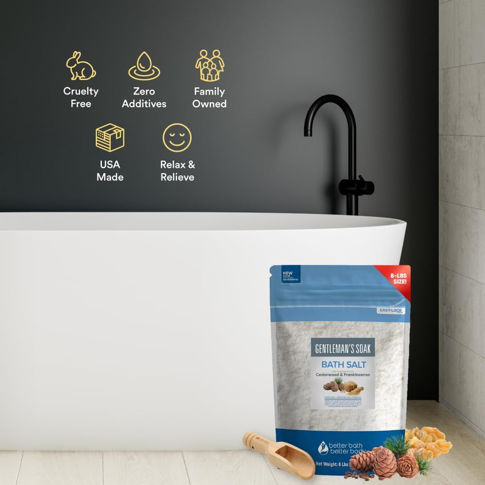 Gentleman's Bath Salt 128 Ounces Epsom Salt with Natural Cedarwood, Frankincense, Eucalyptus and Peppermint Essential Oils Plus Vitamin C in BPA Free Pouch with Easy Press-Lock Seal