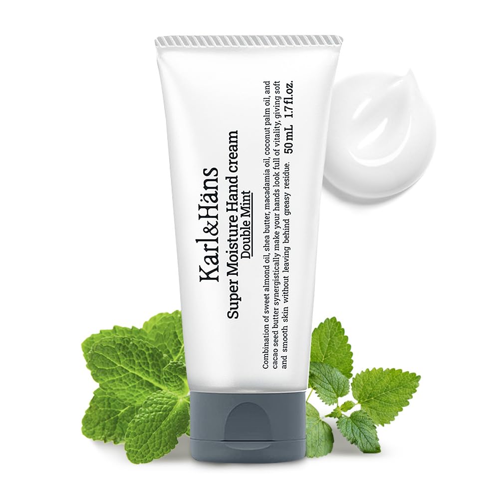 Karl&Hans Super Moisturizing Mint Vegan Hand Cream - Double Mint Scent with Shea Butter, Coconut Oil, Long-Lasting Refreshing Formula, Organic Daily Hand lotion for Dry Cracked Hands - 1.7 fl oz