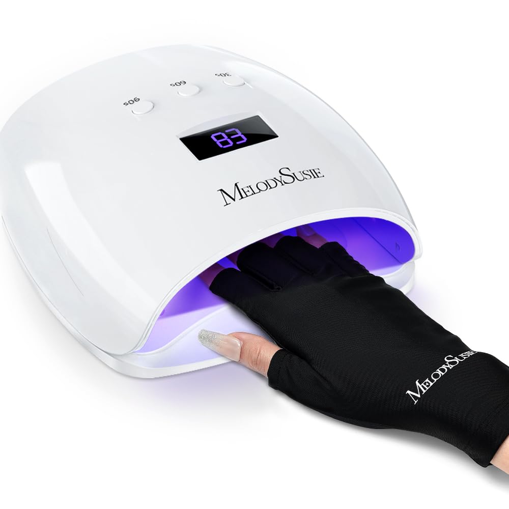 MelodySusie 54W UV LED Nail Lamp with UV Gloves Kit, Professional Nail Light for Gel Nails Fast Curing with Auto Sensor & 3 Timer Setting, UPF50+ Anti UV Glove for Nail Art Manicure Protection