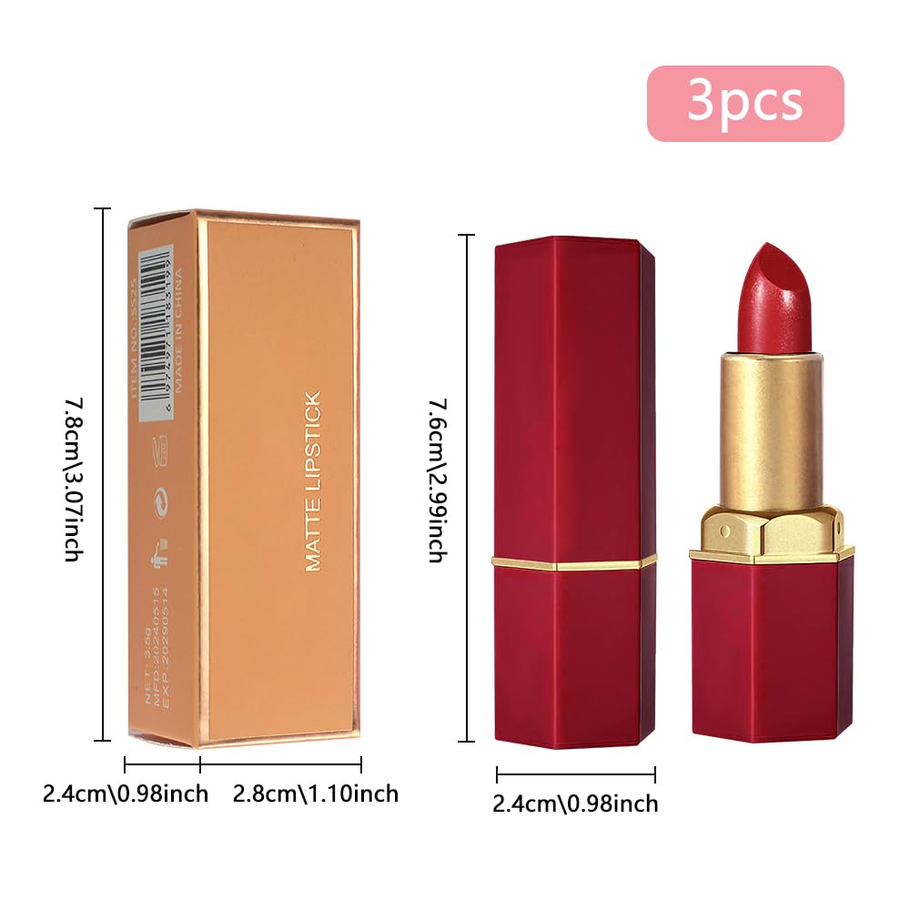 3Pcs Metallic Lipstick for Women,Lightweight Shimmer Frosted Lipstick,Glitter Lip Gloss Stain Long Lasting Waterproof Smudge Proof 24 Hour Full Coverage Lip Makeup,Vegan（10,11,12)
