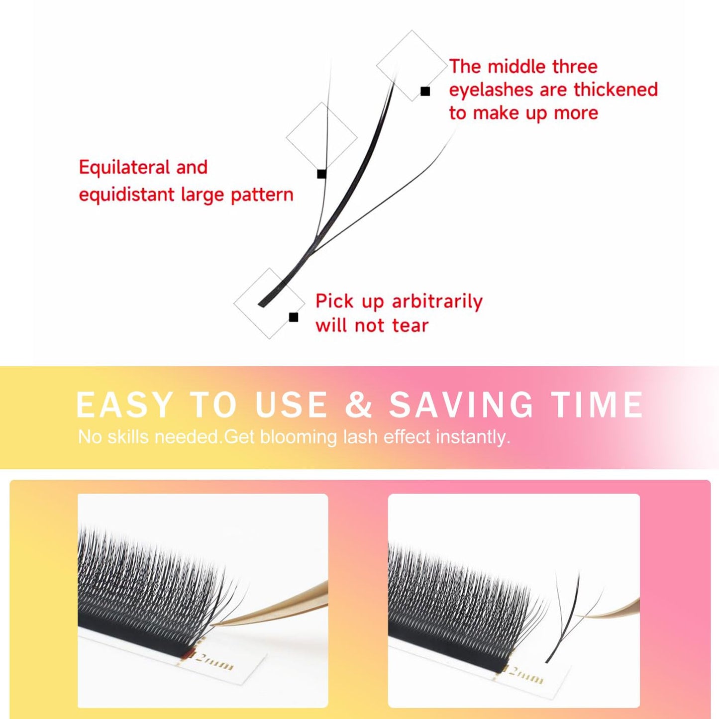 Lash Extensions Three Core Tips 3D Eyelash Extensions W Shape 0.07mm Thickness C Curl 14mm Premade Fans Easy Fan Volume Lashes Matte Black Crisscross(W-3D-Three Core-0.07-C,14mm)
