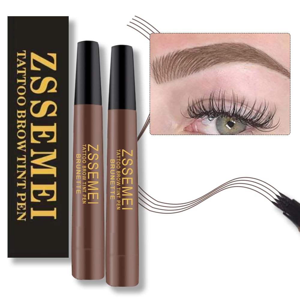 Waterproof Eyebrow Pen - Microblading Tattoo Brow Pencil, 24 Hours Long Lasting, Creates Natural Looking (Brunette - 2 PCS)