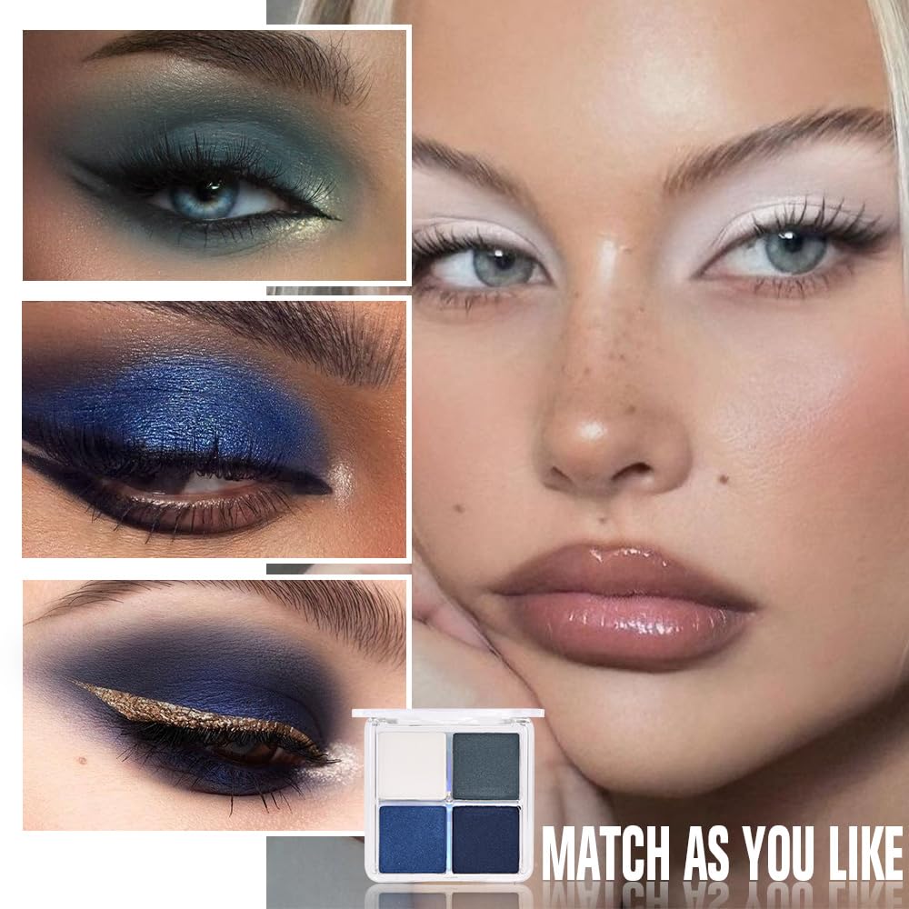 Kaely Powder Eyeshadow Quad, Blue Green Glitter Shimmer Eyeshadow Palette Makeup, Neutral Eye Shadow Palette for Older Women Pigmented Waterproof, sombras para ojos, Blendable, Cruelty-free, 08