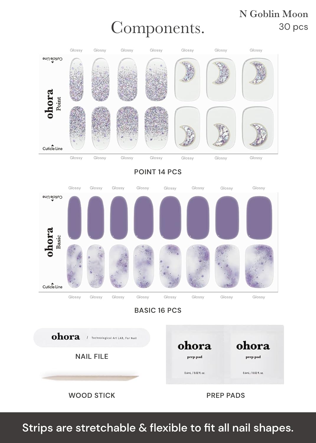 ohora Semi Cured Gel Nail Strips (N Goblin Moon) - Purple, Patterned, Works with Any UV/LED Lamps, Salon-Quality, Long Lasting, Easy to Apply & Remove - Includes 2 Prep Pads, Nail File & Wooden Stick