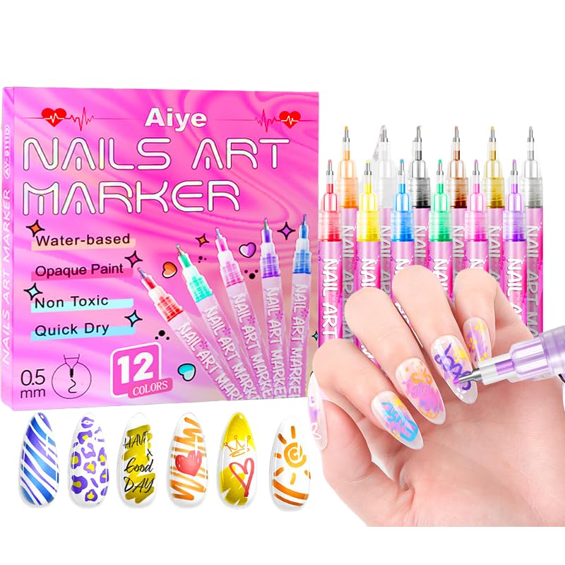 Nail Art Pens Set, 0.5mm 12 Colors Nail Polish Pens,Acrylic Paint Pens, Nail Art Markers, Painting Drawing Liner Pen, Nail Design for Nails DIY French Manicure