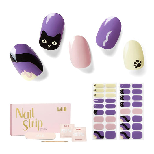 Nailog Semi Cured Gel Nail Strips 34 pcs | Long Lasting Nail Polish Sticker Wraps with Glossy Gel Finish (Black Cat)