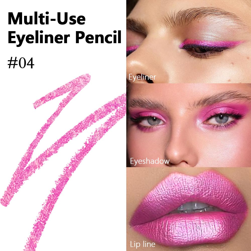 evpct Hot Pink Glitter Eyeliner Pencils for Eyes, Pink Metallic Shimmer Eye Liner Pencil Makeup Waterproof Smudge Proof, Colored Gel Waterline Eyeliner Liquid, Face Eye Paint Stick Halloween Makeup 04