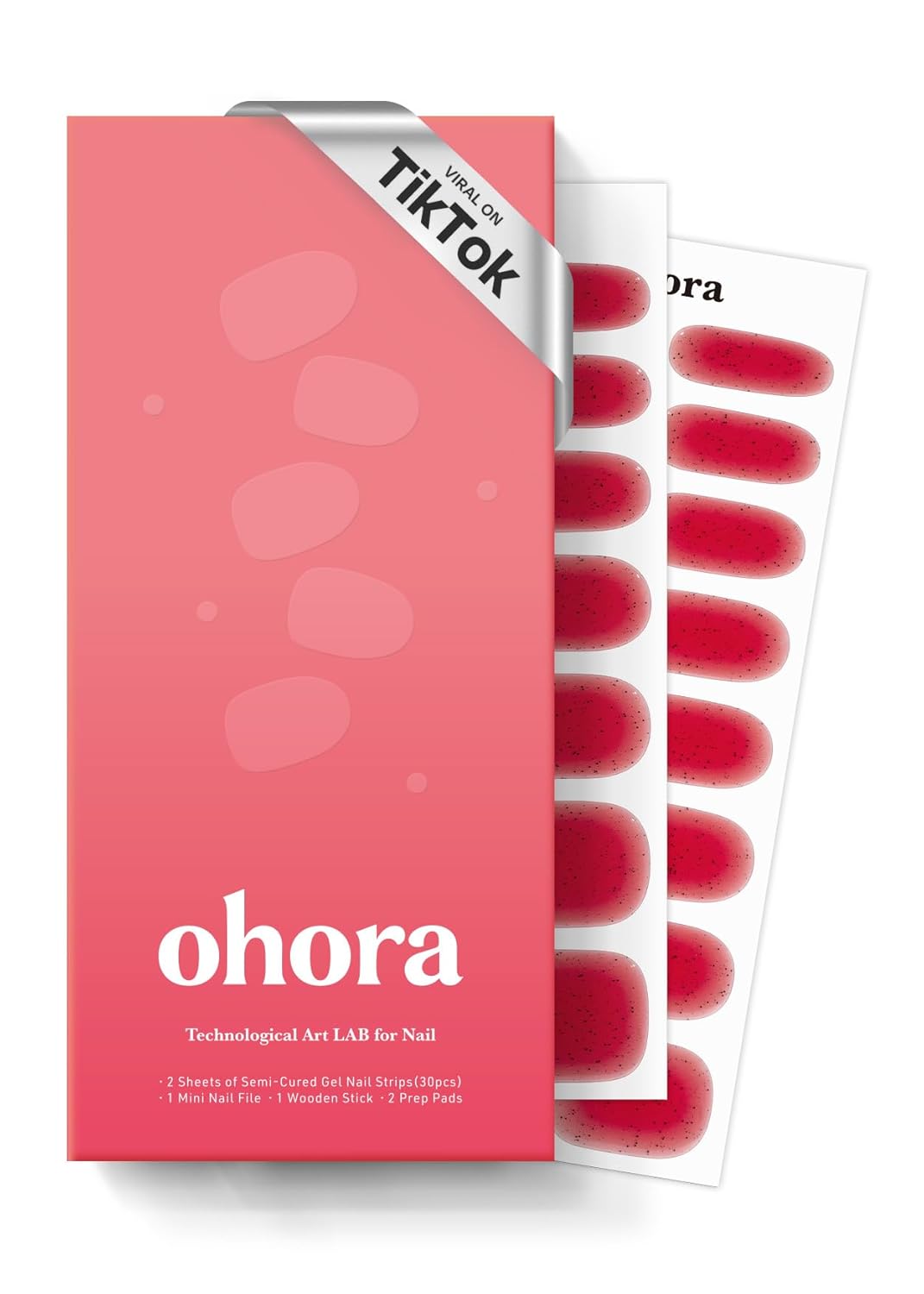 ohora Semi Cured Gel Nail Strips (N Jelly Berry) - Works with Any Lamps, Salon-Quality, Long Lasting, Easy to Apply & Remove - Includes 2 Prep Pads, Nail File & Wooden Stick