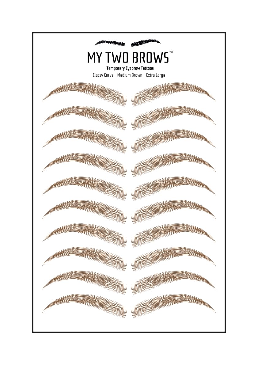 (10 pairs) Medium Brown Temporary Eyebrow Tattoo - Extra Large Size - Waterproof & Smudgeproof - Classy Curve Style Eyebrow Stickers - Sheet Lasts up to 30 Days - Won't Work on Existing Brows