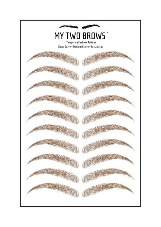(10 pairs) Medium Brown Temporary Eyebrow Tattoo - Extra Large Size - Waterproof & Smudgeproof - Classy Curve Style Eyebrow Stickers - Sheet Lasts up to 30 Days - Won't Work on Existing Brows