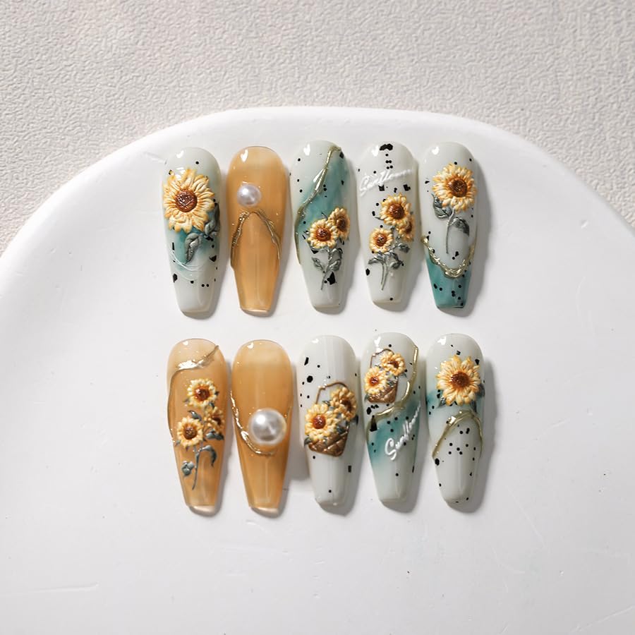 Flower Nail Art Stickers 5D Embossed Sunflower Nail Stickers for Nail Art Self-Adhesive Summer Nail Design Stickers Nail Supplies DIY Nail Decals 1 Sheet (1, Sunflower)