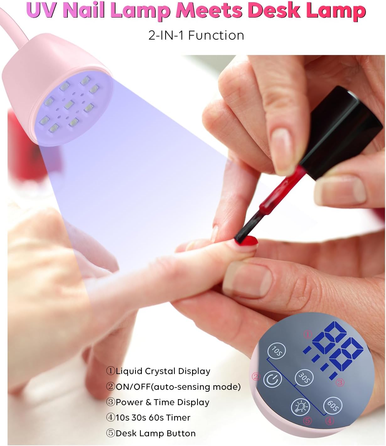 UV LED Nail Lamp - Gooseneck UV Light for Gel Nails Cordless USB 27W Nail Dryer 2 in 1 Gel Lamp and Desk Lamp with 4 Times & Auto Sensor Professional Fast Flash Curing Polish Nail Art(Pink)