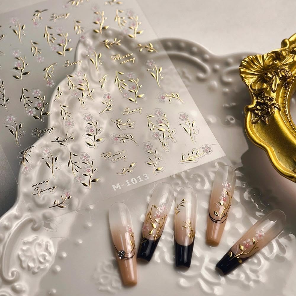 Leaf Flower Nail Stickers Gold Branch Nail Designs 3D Self-Adhesive Silver Leaf Nails Supplies 5D Embossed White Pink Fall Nail Decals Summer Nail Art Decoration for Women DIY Manicure 2 Sheets