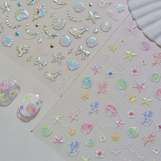 Pearl Ocean Nail Stickers 3D Self-Adhesive Shell Nail Art Stickers Starfish Nail Decals 5D Embossed Coral Nails Supplies Gemstone Nails Designs Summer Nail Decoration for Women DIY Manicure 2 Sheets