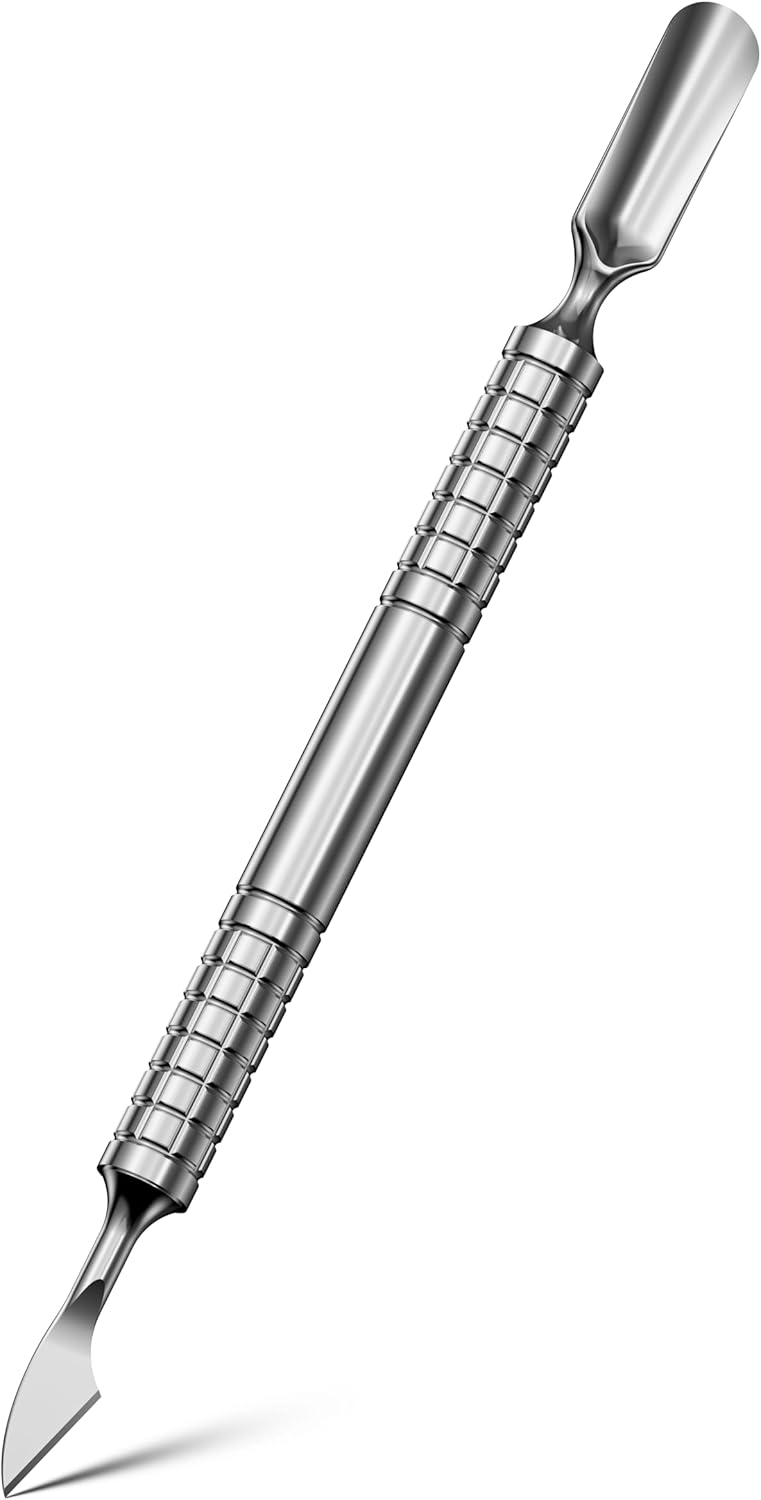 2025 Upgraded Dual Head Cuticle Pusher Remover Tool - Curved & Chisel Edge Stainless Steel, Ergonomic Non-Slip Handle for Professional Salon & Home Manicure Nail