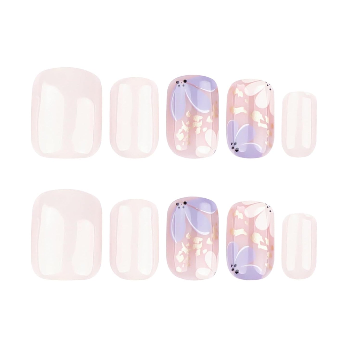 Summer Press on Nails Short Square, Beige Fake Nails with Cute Blossom and Featuring Delicate Gold-Foil Designs, Glossy Finish Acrylic Nails, Natural Reusable Glue on Nails Kit for Women, 24Pcs