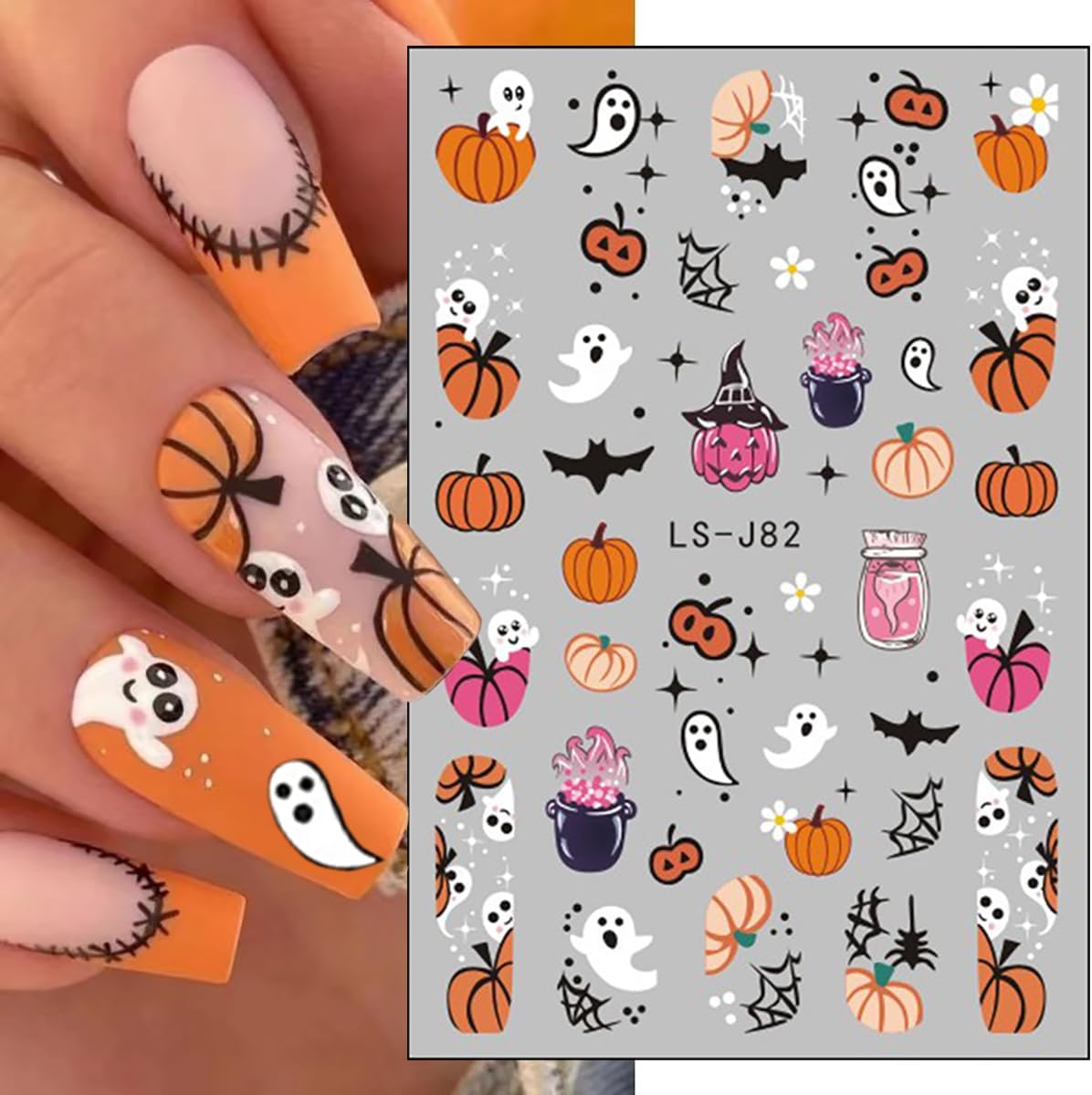 Halloween Nail Stickers Decals 8 Sheets Halloween Self Adhesive Nail Design Stickers Ghost Pumpkin Spider Web Bats Nail Art Decals for Women DIY Manicure Halloween Nail Glitter Decals Decoration