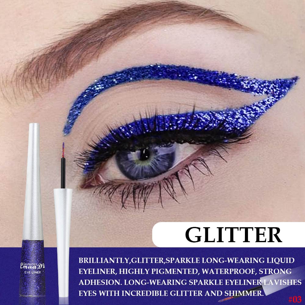 evpct 2Pcs Dark Light Royal Blue Color Liquid Glitter Eyeliner Liners Sets for Women Liquid Sparkly Glitter Eyeliner delineador con glitter de colores para ojos colores 03+12