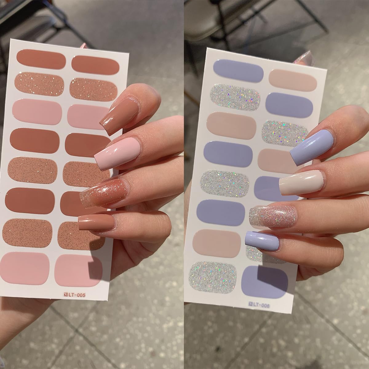 6Sheets Glitter Nail Polish Strips Self Adhesive Multicolored Gel Nail Wraps Solid Color Nail Strips For Women DIY Manicure Tips - Black Pink