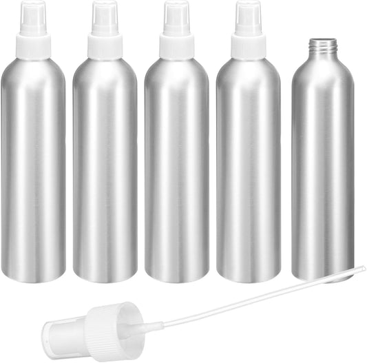 HARFINGTON 5pcs Aluminum Fine Mist Spray Bottles 300ml/10oz Metal Small Liquid Alcohol Refillable Travel Container with White Plastic Nozzle Cap for Perfume Skincare Cosmetic Storage Bottle