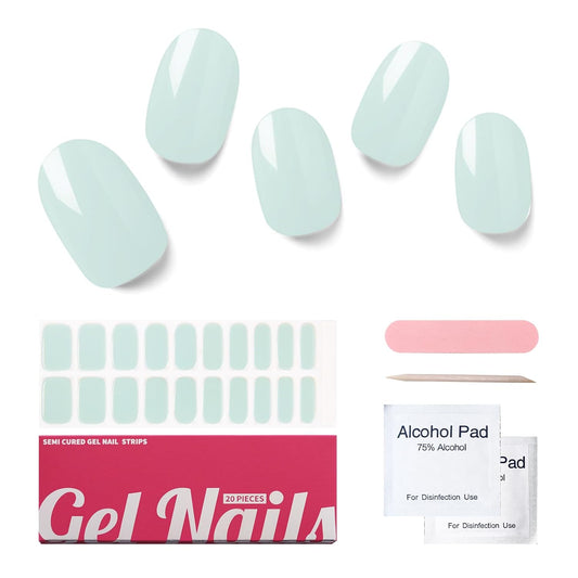 Semi Cured Gel Nail Strips, 20 PCS Gel Nail Stickers Work with UV Light, Gel Nail Wraps, Salon Quality & Easy to Use - Morandi Green