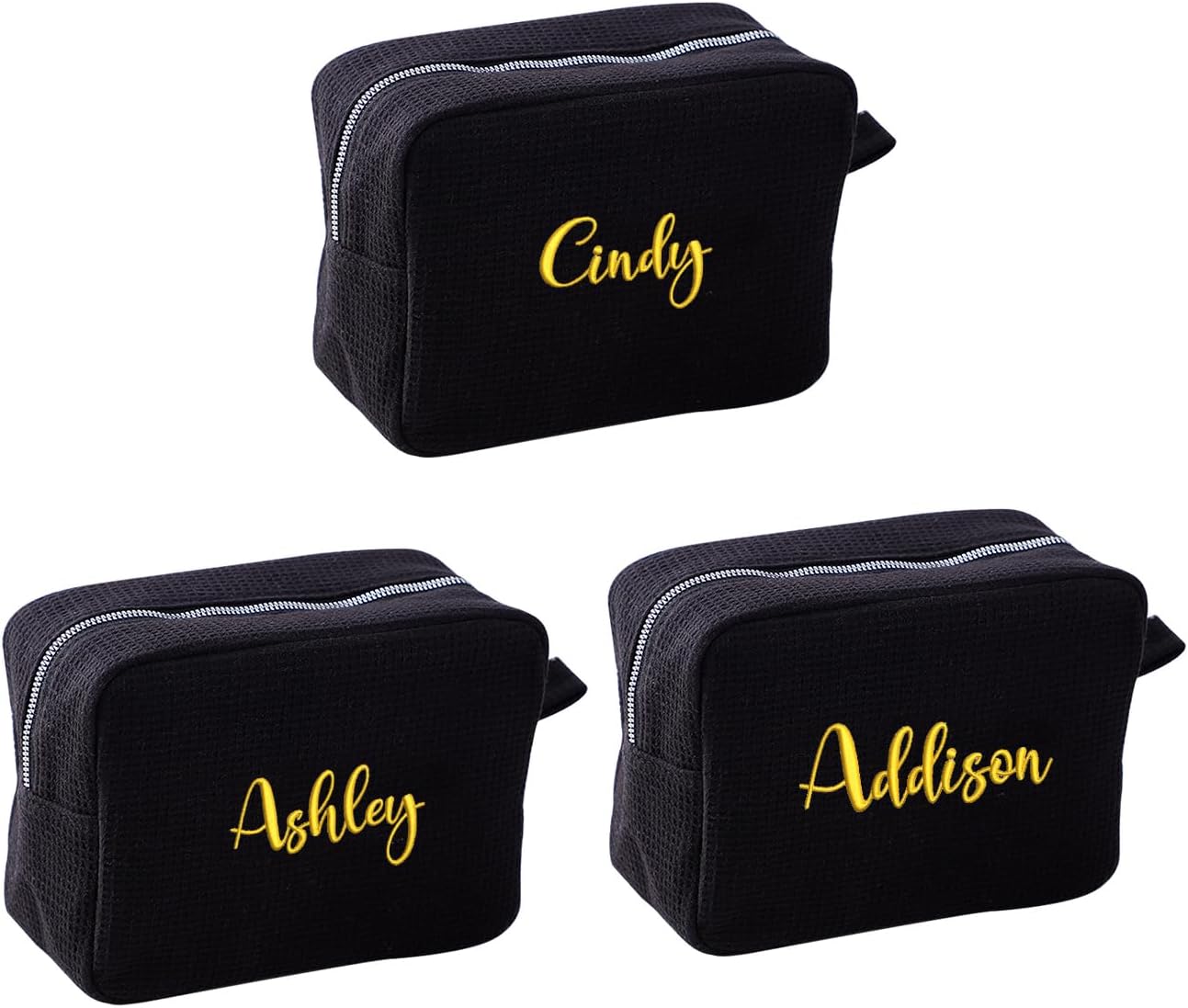 GOPHIE Personalized Embroidered Makeup Bag,Custom Waffle Fabric Cosmetic Pouch for Women, Travel Makeup Pouch (3, Black)
