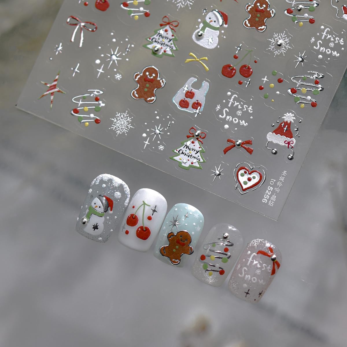 Christmas Nail Art Stickers 5D Embossed Happy Gingerbread Man Nail Stickers Snowman Xmas Light Xmas Tree Snowflake Cherry Nail Decals for Women Girls Winter Holiday Manicure DIY Nail Supplies 1 Sheet