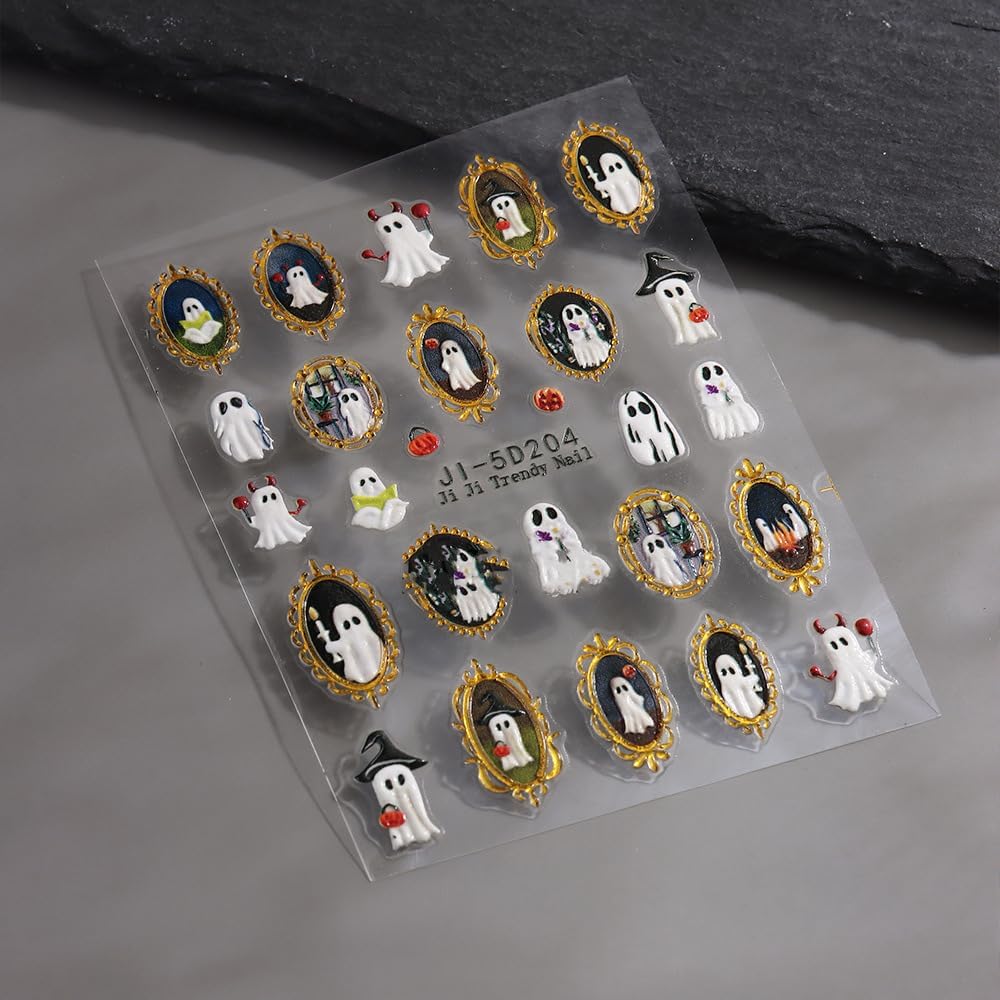 Halloween Nails Stickers White Ghost Nails Sticker 5D Embossed Cute Ghost with Gold Frame Self Adhesive Sticker Nail Decals Pumpkins Nail Art Decal Halloween Decals for Nail DIY Manicure 1Sheet