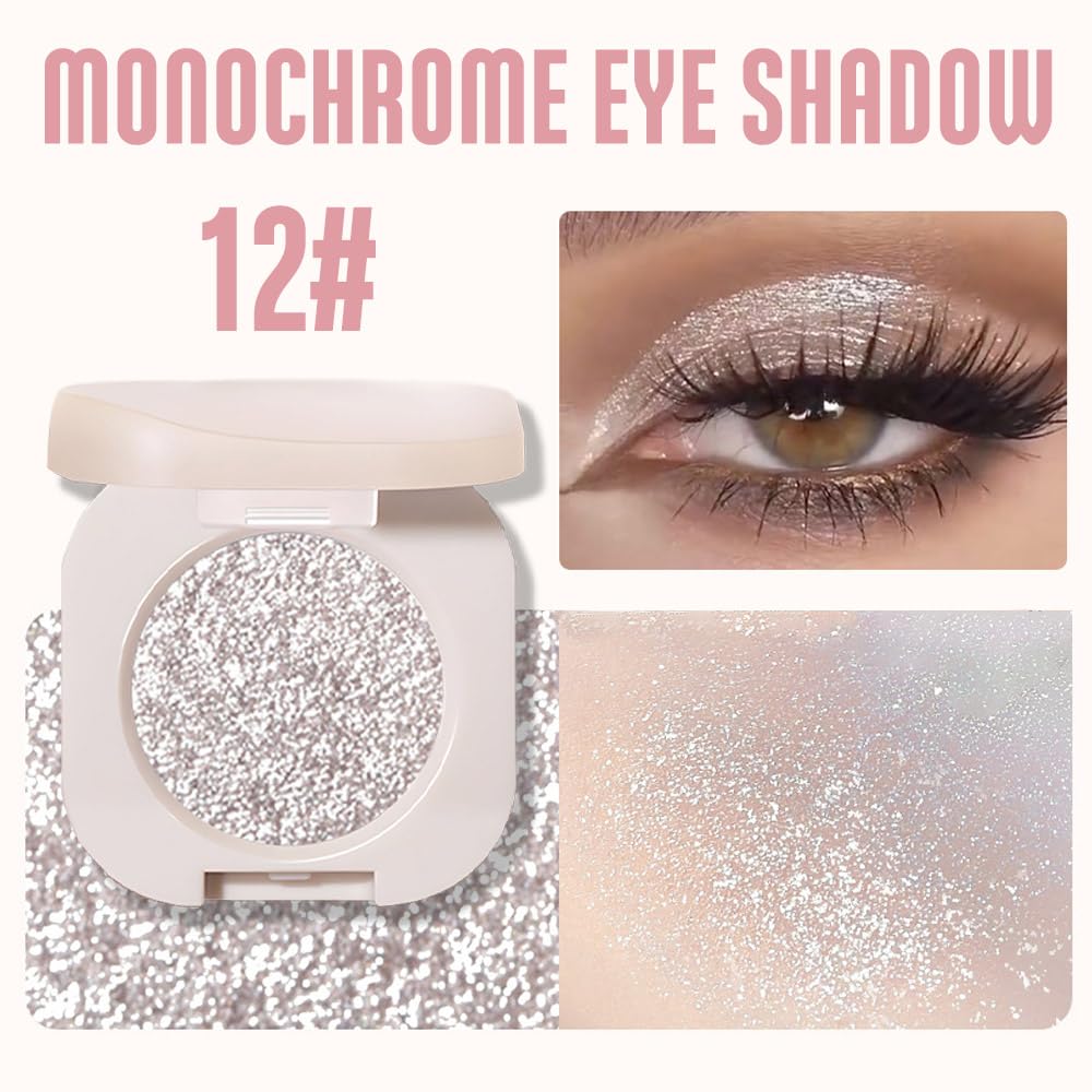 Glitter Shimmer Sparkle Eyeshadow Palette Makeup for Old Women, Silver Glitter Shimmer Metallic Holographic Multichrome Cream Iridescent Single Monochrome Eye Shadow Makeup, 12