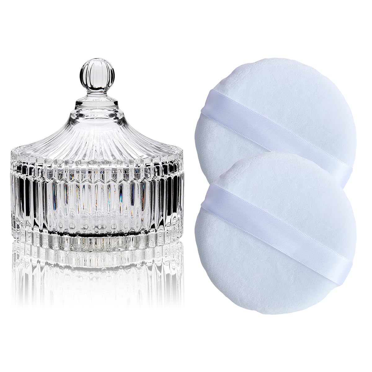 2 Pack Extra Large 5.2" White Powder Puffs and 5.3" Glass Container – Oversized Soft Body & Face Large Powder Puff Dusting Powder Jar Holder Case(Clear Glass)