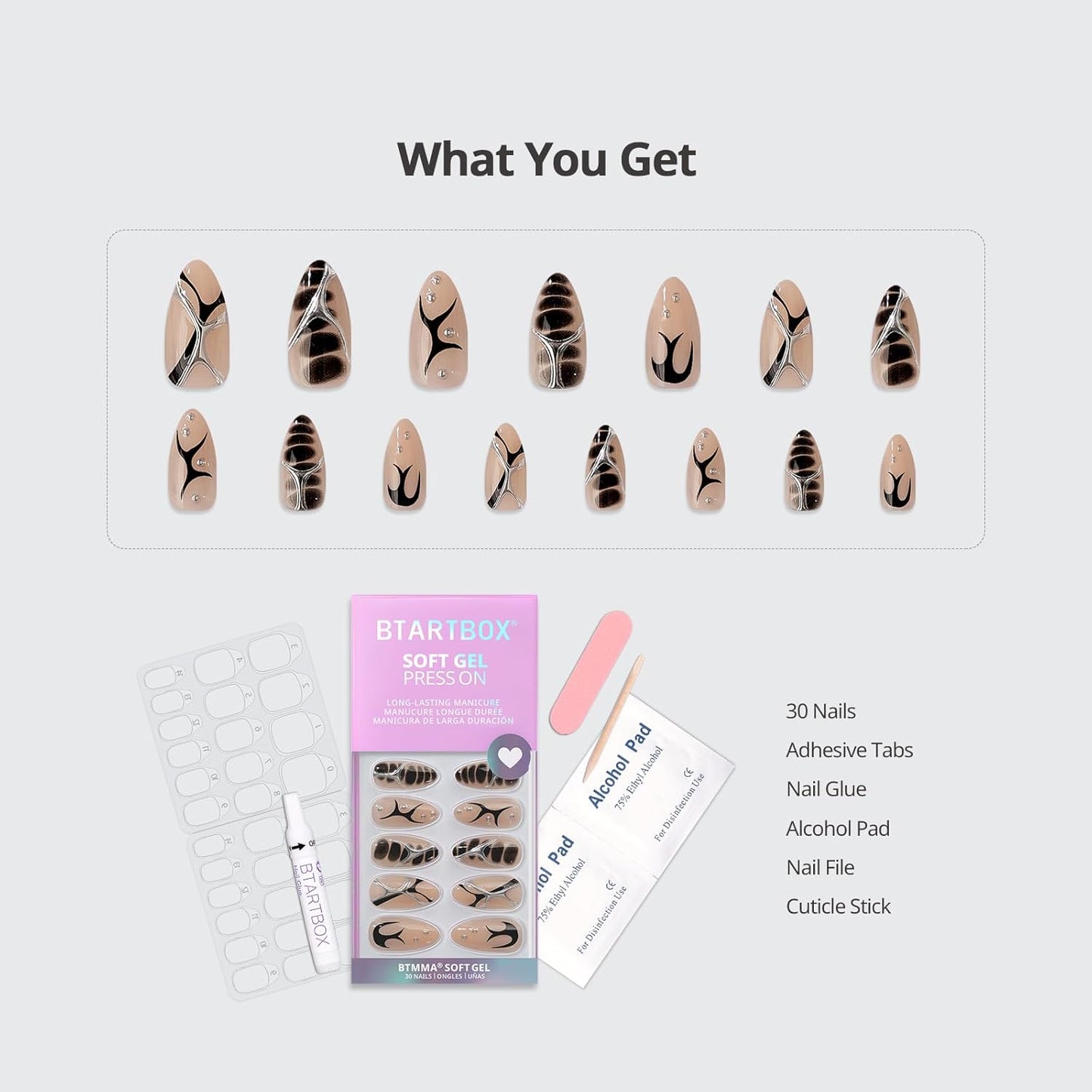 BTArtbox Press On Nails Almond - 3D Design Black Medium Press On Nails with Glue for Women, Opaque Soft Gel Glue On Nails in 15 Sizes - 30 Stick On Nails Kit, Gothic Chains