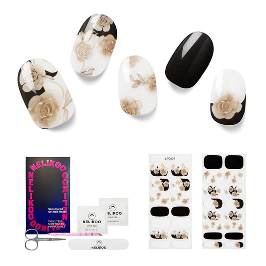 Semi Cured Gel Nail Strips, 30 pcs Gel Nail Wraps, Easy to Apply, Salon-Quality, 2 Weeks Long Lasting (Noir Gold Petal Party)