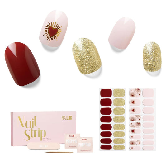 Semi Cured Gel Nail Strips - NAILOG 34 Pcs Red Brown Gold Glitter Nail Stickers Extra Long Wraps with Glossy Gel Finishing for Autumn Winter, My Queen