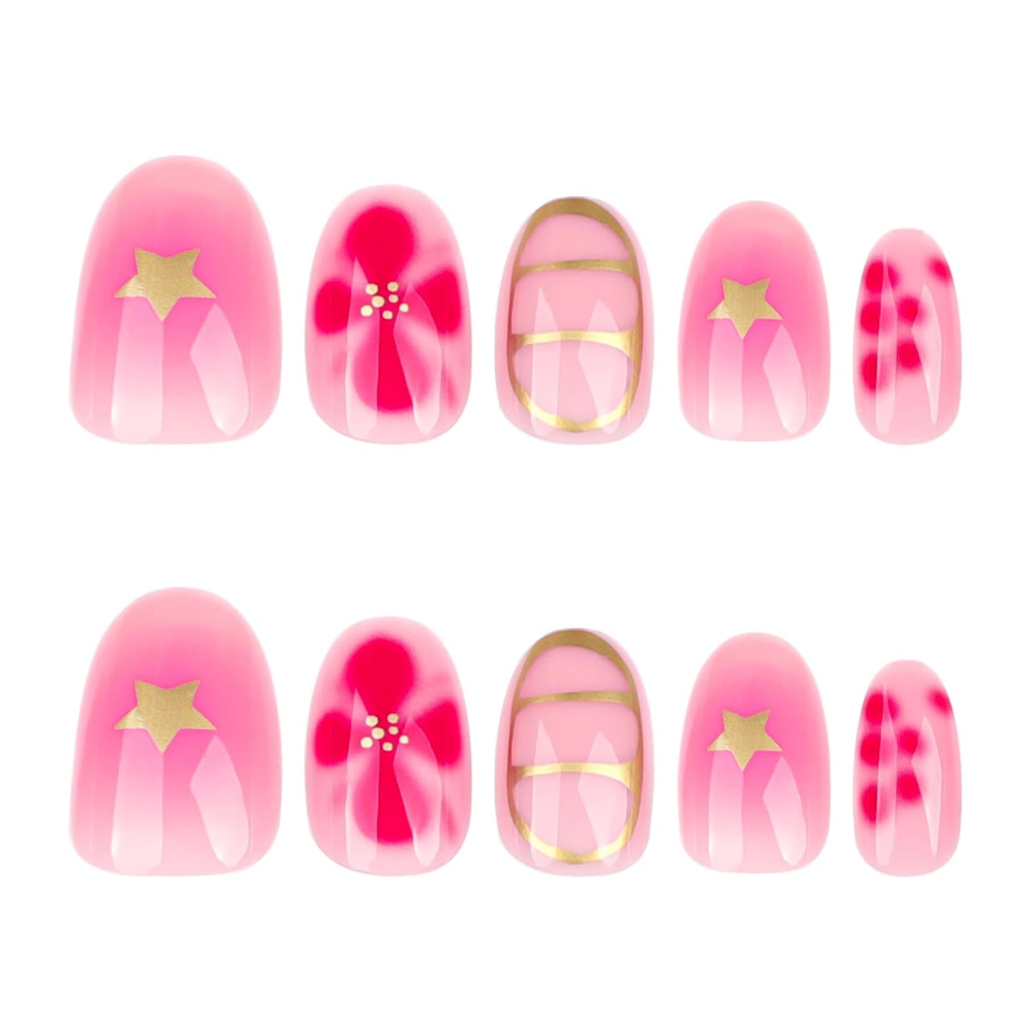 Pink Press On Nails Short Oval, Summer Fall Fake Nails Featuring Petal Designs and Gold Detailing, Glossy Gel Finish Acrylic Nails, Thick Reusable Glue On Nails Kit for Women, Gilded Blossom