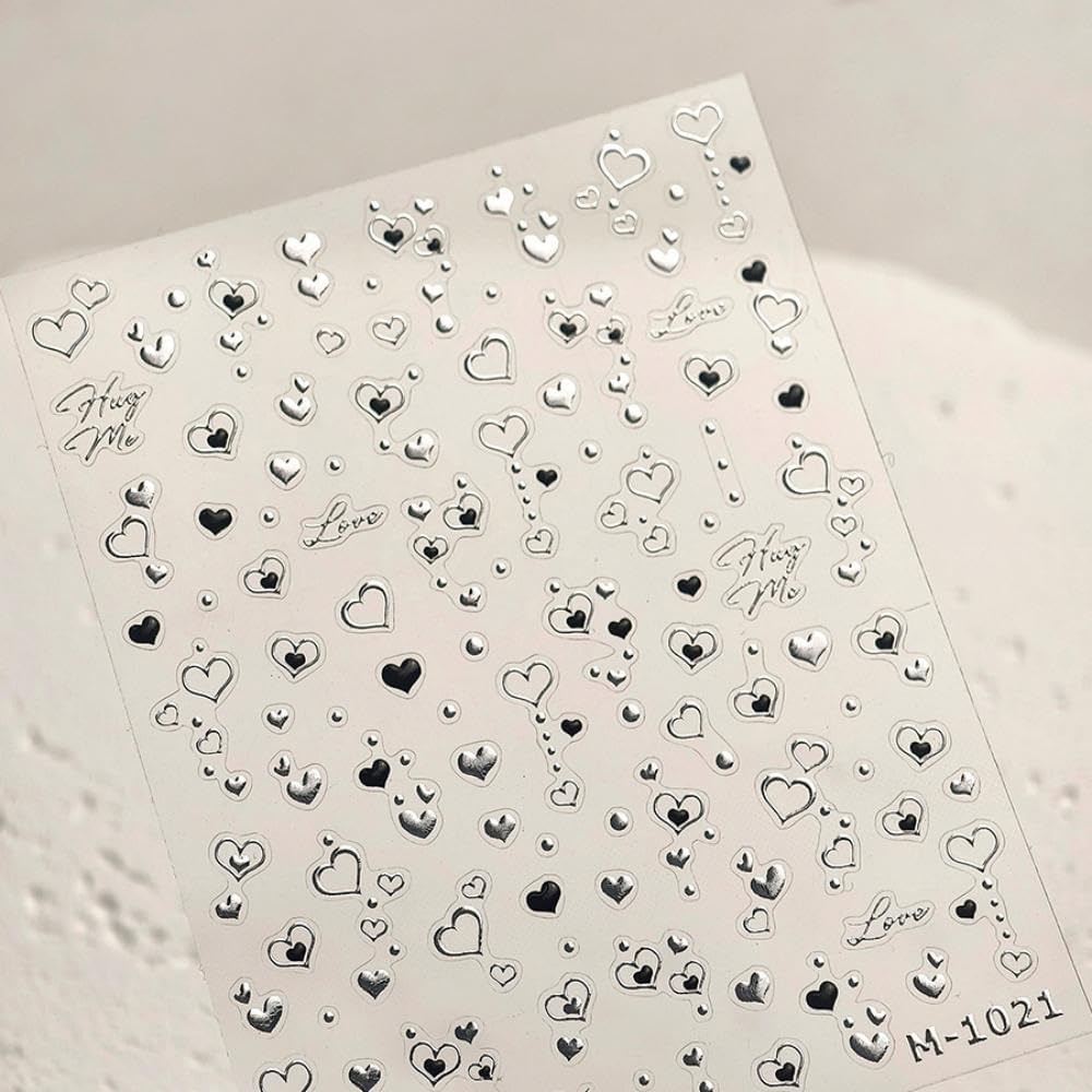 2 Sheets 5D Embossed Heart Nail Stickers 3D Self-Adhesive Red Black Hearts Love Nail Decals Golden Silver Hollowe Design Love Fall Valentines Day Nail Art for Women Girls DIY Manicure