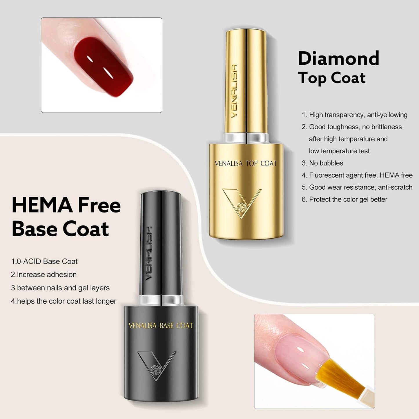 VENALISA 2 Pcs No Wipe Gel Top Coat and Base Coat Set- High Gloss Shiny Base Top Coat Gel Nail Polish Kit, Soak Off Nail Art Home and Professional Manicure