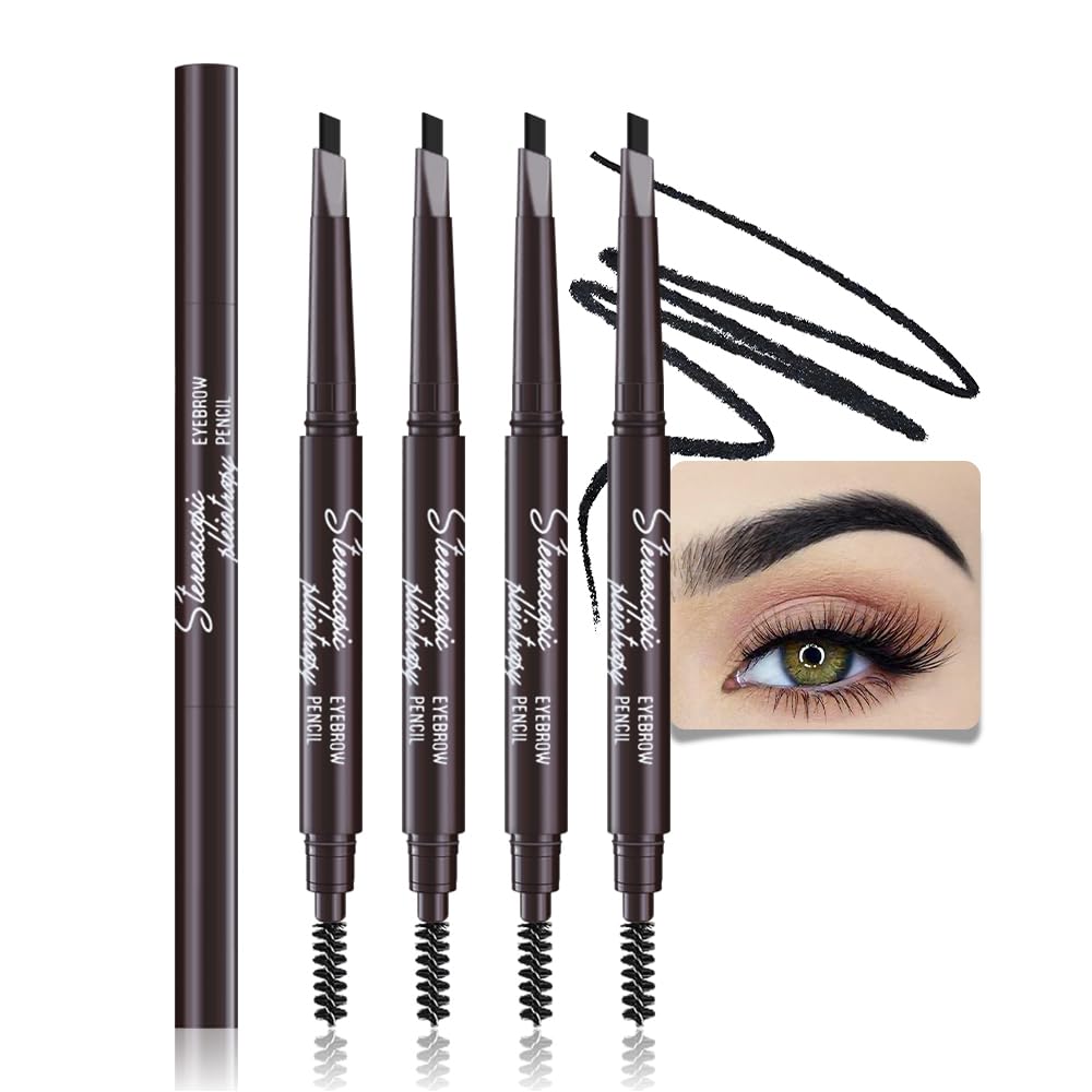 4 Pcs Ultimate Eyebrow Retractable Definer Pencils,Dual-Sided Natural Soft Textured Eyebrow Pencil for Daily Look Eyebrow Makeup,Brow Brush,Fine Tip lapiz de cejas-Black