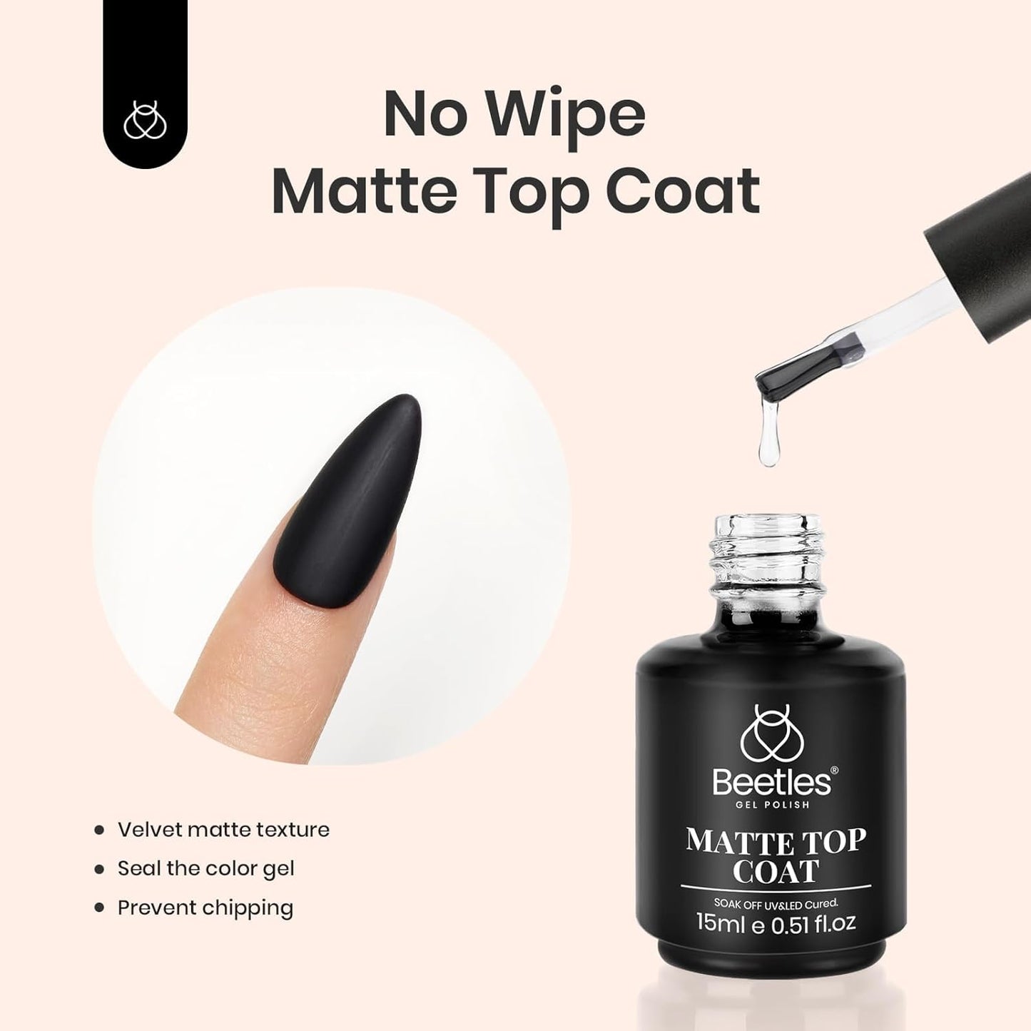 Beetles Matte Top Coat 2 Pcs 15ml No Wipe Gel Glossy Nail Polish Shine Effect Long Lasting Soak Off UV LED Nail Lamp