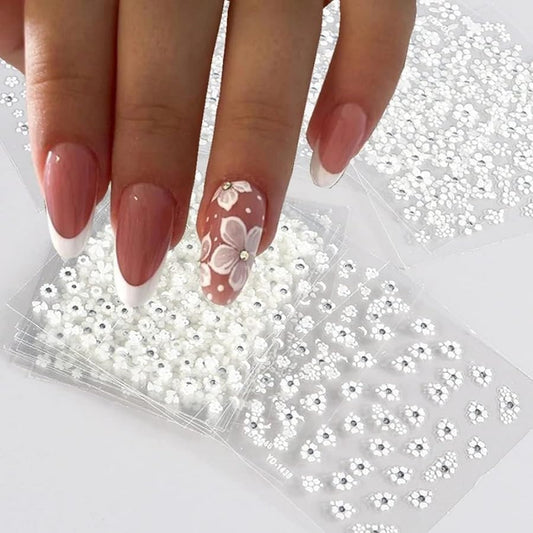 30 Sheets White Flower Nail Art Stickers, 3D Self Adhesive White Flower Nail Sticker Design Holographic Small Floral with Rhinestones Nail Art Decals Nail Supplies for Women Girls Manicure Decoration