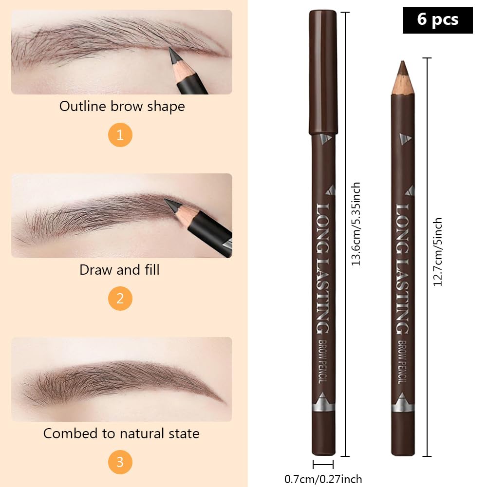 6Pcs Eyebrow Pencils for Women, Wooden Hard-Core Brown Eyebrow and Eyeliner Pencil, Long Lasting Waterproof and Sweat-Proof, Beginner Makeup Brow Pencil, Create a Natural Eye Brow Makeup